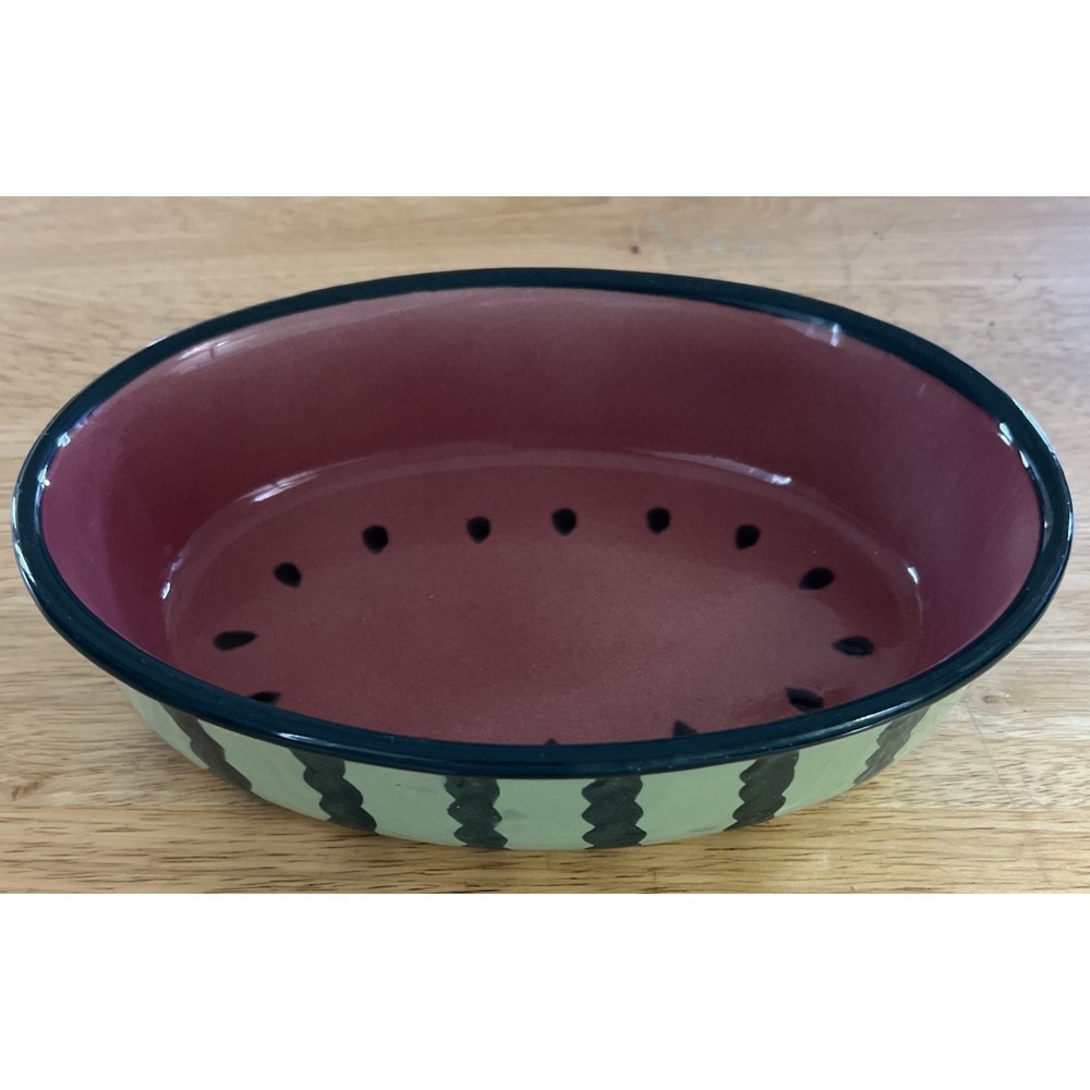 Watermelon Baking Serving Dish Hand Painted Stoneware Oval 6x9